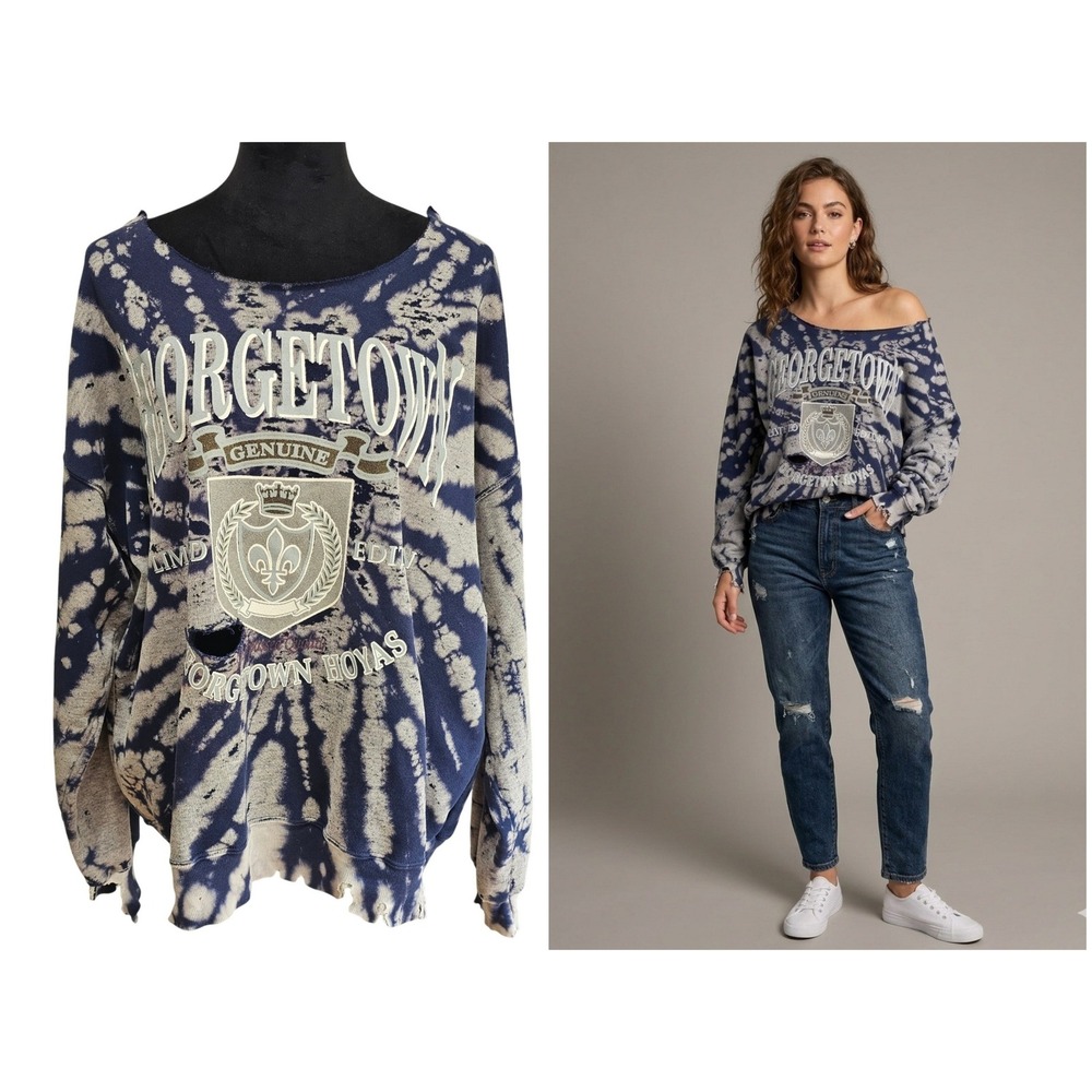 Georgetown Hoyas Distressed Sweatshirt Womens XL Navy Tie Dye  Oversized